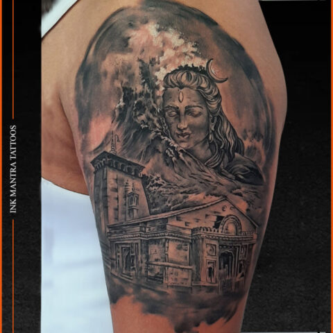 Lord Shiva Tattoo - A Customized Design Of Kedarnath Temple Sea Waves And Shiva Tattoo Done By Ink Mantra Tattoos