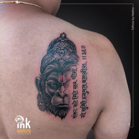 Hanuman Tattoo With Hanuman Chalisa Shlok Done By Harsha Fugare At Ink Mantra Tattoos