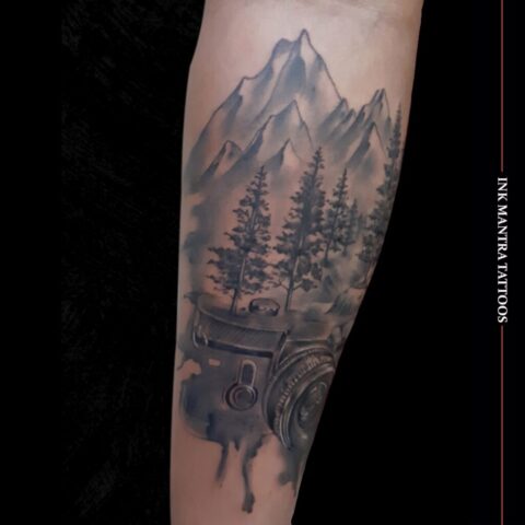 Best Realistic Tattoo For Wild Life Photography Theme Combines Mountain And Trees Done By Ink Mantra Tattoos