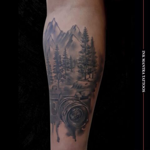 Best Realistic Tattoo For Wild Life Photography Theme Combines Mountain And Trees Done By Ink Mantra Tattoos