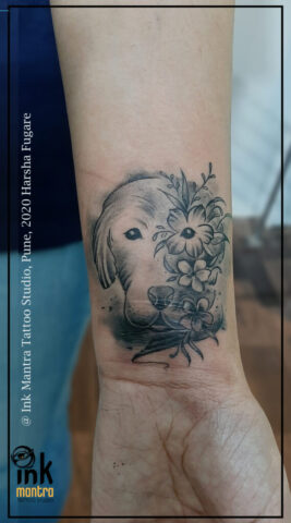 Dog Tattoo With Floral 569X1024 - Ink Mantra Tattoo Studio