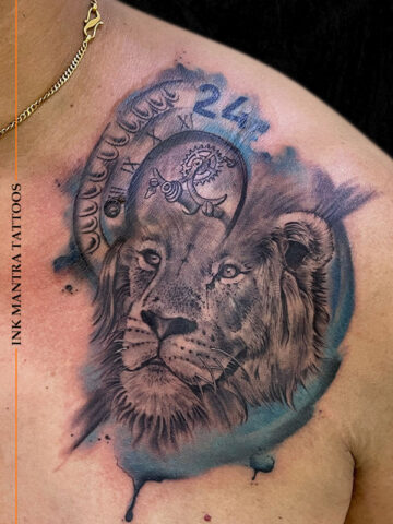 Lion And Clock Custom Tattoo By Ink Mantra Tattoos - Ink Mantra Tattoo Studio